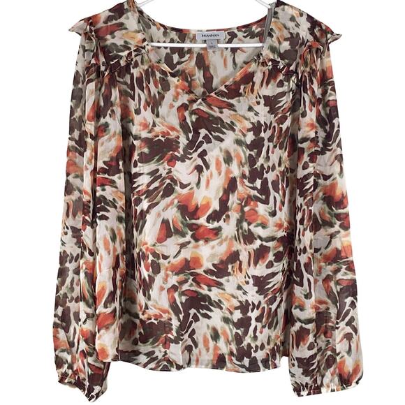 Brannan Tops - Brennan Blouse Women's Large Abstract Long Sleeve Lined V-Neck Ruffle Brown